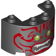 Black Cylinder Half 2 x 4 x 2 with 1 x 2 Cutout with Red Face, Green Eyes and White Teeth Pattern