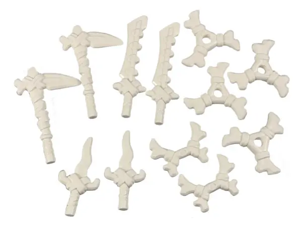 White Minifigure, Weapon Pack Bone Sickles, Swords, Hooks, and Shuriken Throwing Stars, 12 in Bag (M