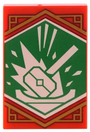 Red Tile 2 x 3 with White Hammer with Energy Bursts on Green Background with Gold Trim Pattern (Ninj