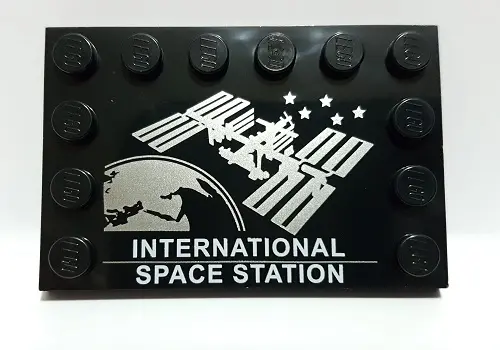 Black Tile, Modified 4 x 6 with Studs on Edges with 'INTERNATIONAL SPACE STATION' and Space Station 