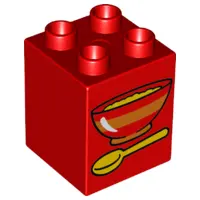 Red Duplo, Brick 2 x 2 x 2 with Bowl Of Oatmeal and Spoon Pattern