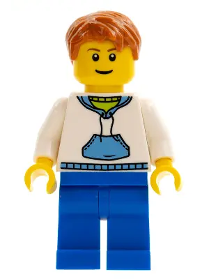 White Hoodie with Medium Blue Pocket, Blue Legs, Dark Orange Short Tousled Hair