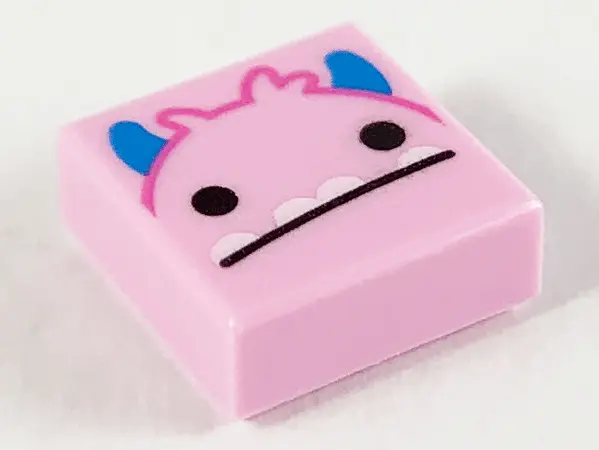Bright Pink Tile 1 x 1 with Neutral Monster Face, Dark Azure Horns, Black Eyes and 4 White Underbite