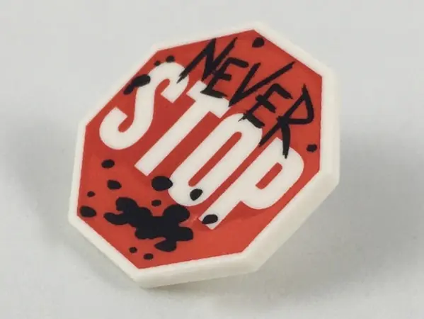White Minifigure, Shield Octagonal  with Stop Sign, Black 'NEVER' and Splotches Pattern