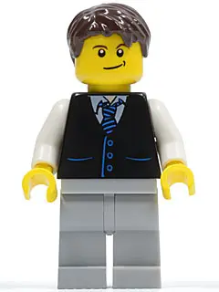 Black Vest with Blue Striped Tie, Light Bluish Gray Legs, White Arms, Dark Brown Short Tousled Hair,