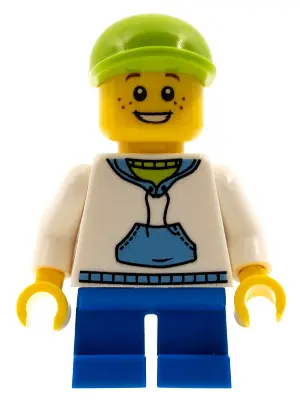 Child - Boy, White Hoodie with Medium Blue Pocket, Blue Short Legs, Lime Cap, Freckles
