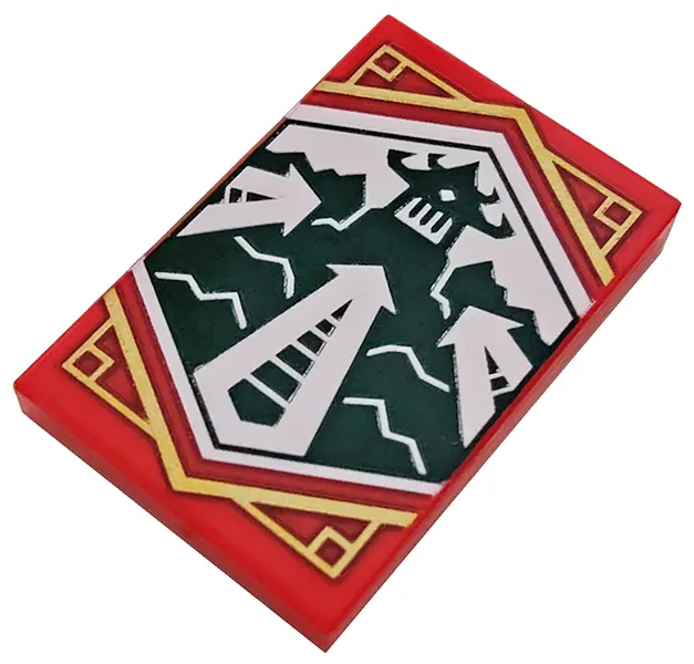 Red Tile 2 x 3 with White Arrows Pointing at Dojo Temple on Dark Green Background with Gold Trim Pat