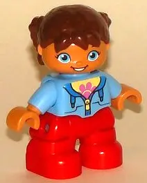 Duplo Figure Lego Ville, Child Girl, Red Legs, Medium Blue Jacket over Shirt with Flower, Reddish Br