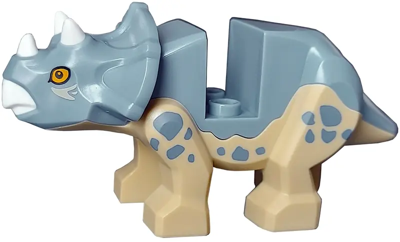 Tan Dinosaur Triceratops Baby with Fixed Sand Blue Top with Molded White Horns and Beak and Printed 