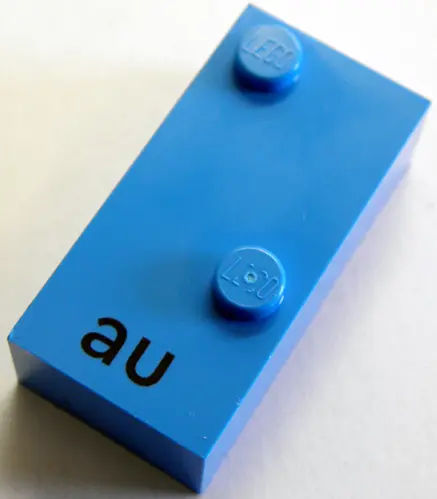 Dark Azure Brick, Braille 2 x 4 with 2 Studs with Black Lowercase Letters au Pattern (dots-16 ⠡) (Ge