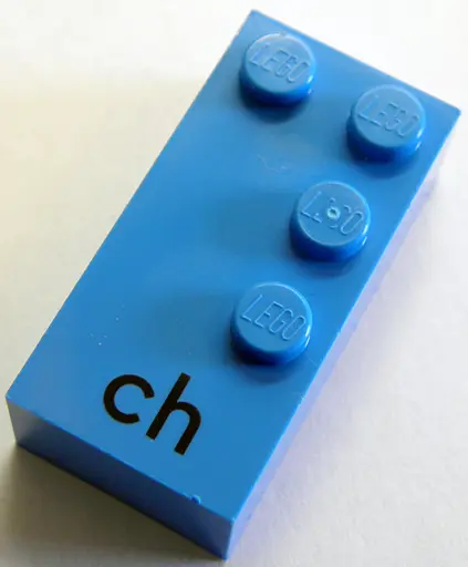 Dark Azure Brick, Braille 2 x 4 with 4 Studs with Black Lowercase Letters ch Pattern (dots-1456 ⠹) (