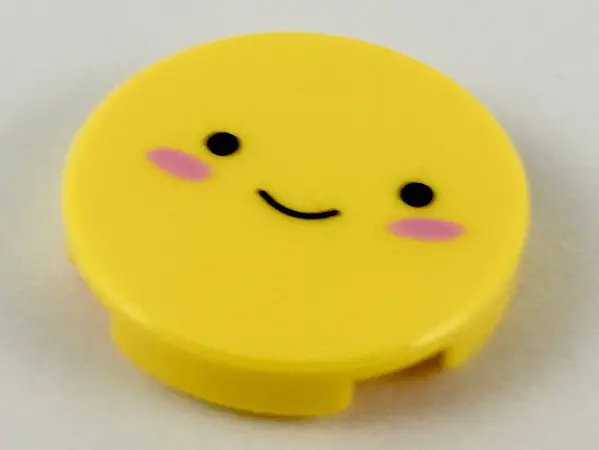 Yellow Tile, Round 2 x 2 with Bottom Stud Holder with Black Eyes and Small Smile, Dark Pink Blush Pa
