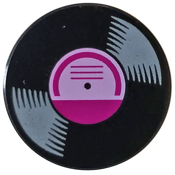 Black Tile, Round 2 x 2 with Bottom Stud Holder with Vinyl Record with Magenta Label Pattern