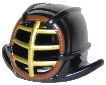Black Minifigure, Headgear Helmet Ninjago Kendo with Gold Grille Mask and Reddish Brown Trim Pattern