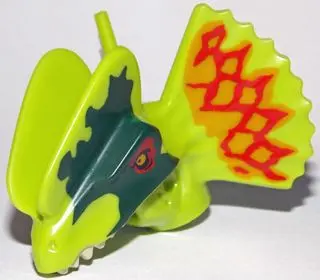Lime Dinosaur Head Dilophosaurus with Dark Green and Red Around Eyes and Red and Orange on Frill Pat