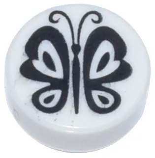 White Tile, Round 1 x 1 with Black Butterfly Pattern