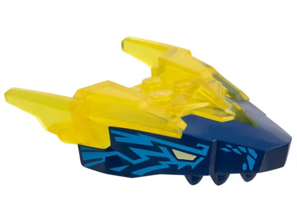 Trans-Yellow Dragon Head (Ninjago) Jaw Upper with Horns with Molded Dark Blue Face and Printed Brigh