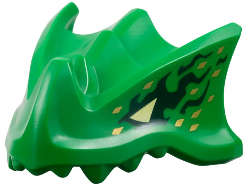 Dragon Head (Ninjago) with Stepped Top, Horn and Pin Hole on Back with Bright Light Yellow Eyes, Dar