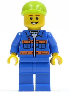 Blue Jacket with Pockets and Orange Stripes, Blue Legs, Lime Short Bill Cap, Open Grin