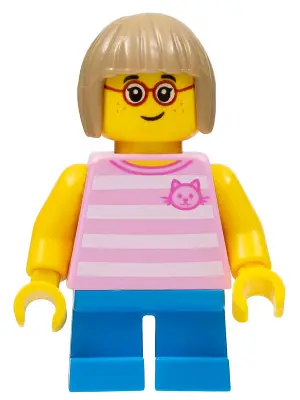 Child - Girl, Bright Pink Striped Shirt with Cat Head, Dark Azure Short Legs, Dark Tan Bob Cut Hair,