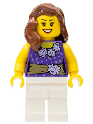 Female Dark Purple Blouse with Gold Sash and Flowers, White Legs