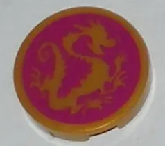 Pearl Gold Tile, Round 2 x 2 with Bottom Stud Holder with Pearl Gold Dragon on Magenta Background Pa