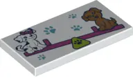 White Tile 2 x 4 with Paw Prints and 2 Dogs on Dark Pink Seesaw Pattern