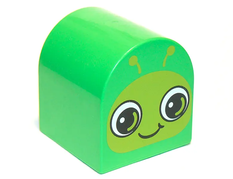Bright Green Duplo, Brick 2 x 2 x 2 Slope Curved Double with Lime Caterpillar / Snail Face Pattern