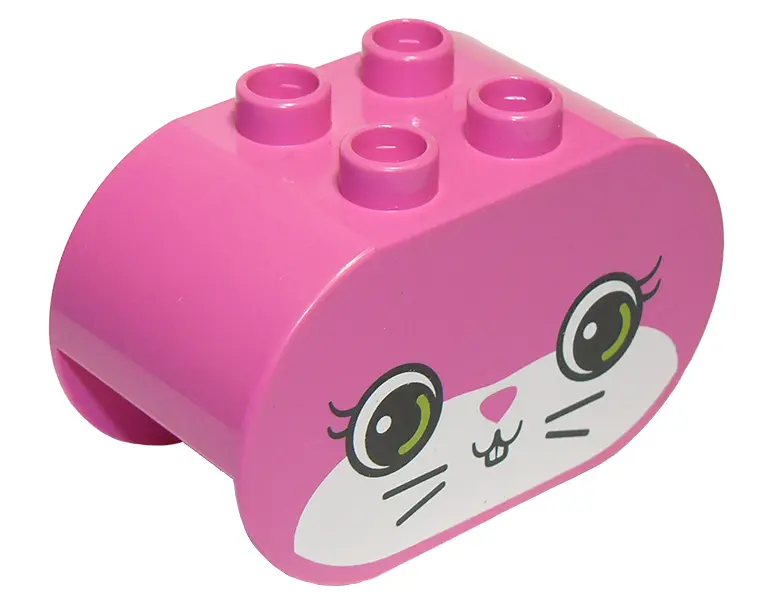 Dark Pink Duplo, Brick 2 x 4 x 2 Rounded Ends with Bunny Face with Lime Eyes Pattern