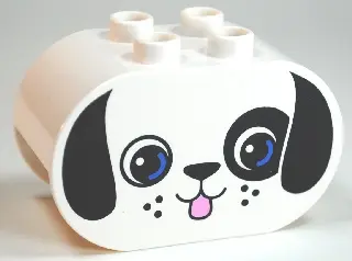 White Duplo, Brick 2 x 4 x 2 Rounded Ends with Dog Face with Black Ears and Blue Eyes Pattern