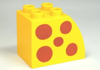 Yellow Duplo, Brick 2 x 3 x 2 Slope Curved with Dark Orange Spots Pattern on Both Sides