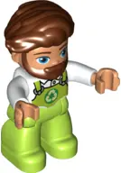 Duplo Figure Lego Ville, Male, Lime Legs with Overalls and Recycling Logo, Reddish Brown Hair and Be