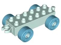 Light Aqua Duplo Car Base 2 x 6 with Open Hitch End and Medium Azure Wheels with Fake Bolts