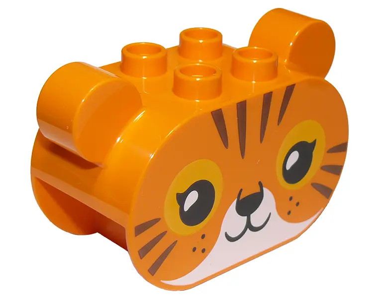 Orange Duplo, Brick 2 x 4 x 2 1/2 Rounded Ends, Ears on Sides with Black Eyes, Nose, and Mouth, Brig