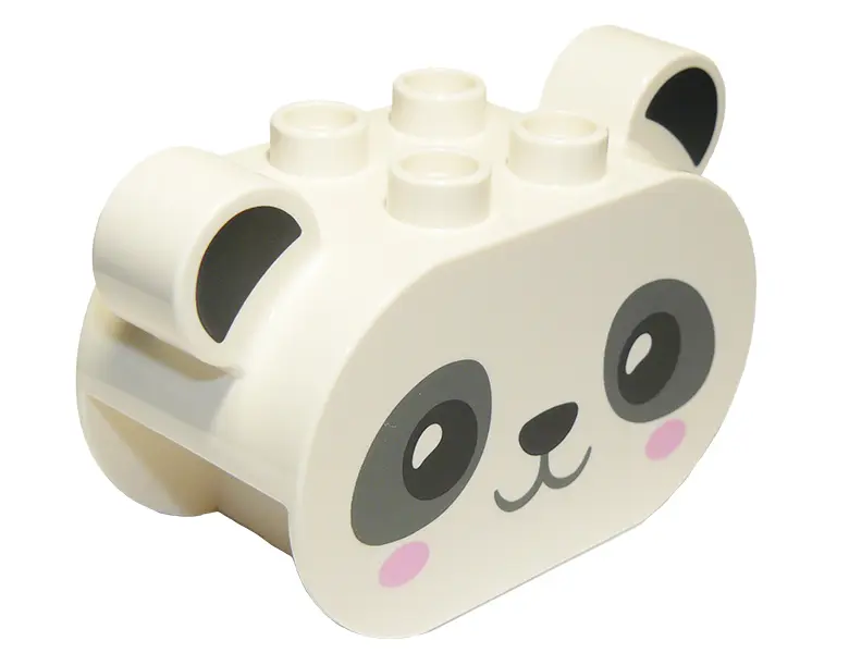 White Duplo, Brick 2 x 4 x 2 1/2 Rounded Ends, Ears on Sides with Black Auricles, Eyes, and Nose, Da