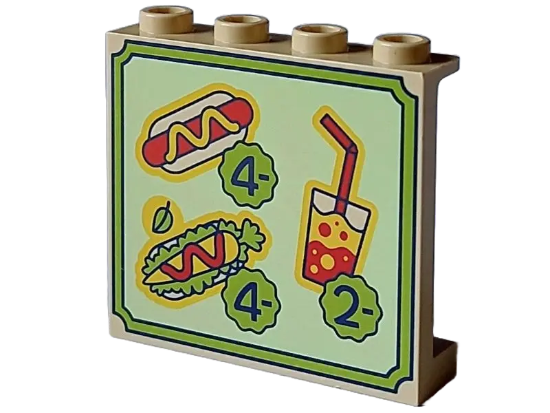 Tan Panel 1 x 4 x 3 with Side Supports - Hollow Studs with Menu, Hot Dog with Mustard, Vegan Hot Dog