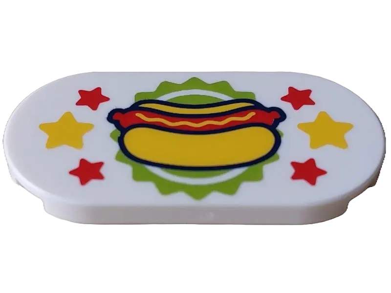 White Tile, Round 2 x 4 Oval with Hot Dog on Lime Planet Background with Yellow and Red Stars Patter