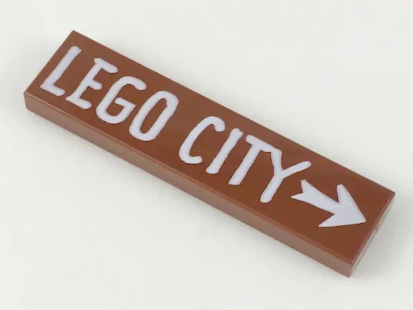 Reddish Brown Tile 1 x 4 with White 'LEGO CITY' and Arrow Pattern