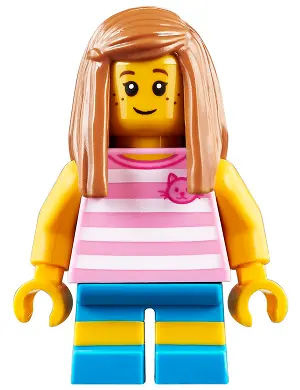 Child - Girl, Bright Pink Striped Shirt with Cat Head, Dark Azure Short Legs with Molded Yellow Stri