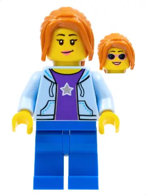 Hiker, Female, Bright Light Blue Hoodie over Dark Purple Star Shirt, Dark Orange Ponytail Long with 