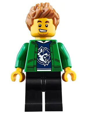 Hiker, Male, Green Jacket over Raccoon Shirt, Black Legs, Medium Nougat Spiked Hair