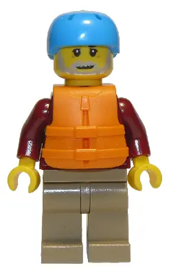 Man, Dark Red Jacket with Bright Light Blue Shirt, Dark Tan Legs, Orange Life Jacket, Dark Azure Spo