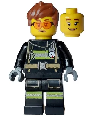Fire - Female, Black Jacket and Legs with Reflective Stripes, Reddish Brown Messy Hair, Safety Glass