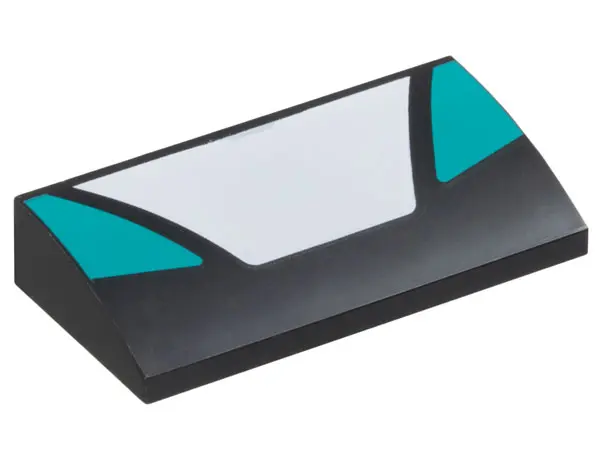 Black Slope, Curved 2 x 4 x 2/3 with Bottom Tubes with White Trapezoid in Center and Dark Turquoise 