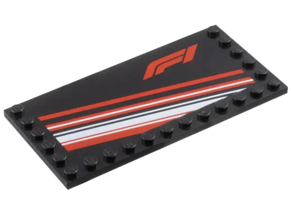 Black Tile, Modified 6 x 12 with Studs on Edges with Formula 1 Logo Stylized 'F1', Red and White Dia