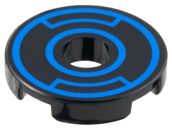 Black Tile, Round 2 x 2 with Hole with Blue Concentric Circles with Insets Pattern