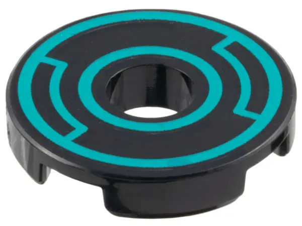 Black Tile, Round 2 x 2 with Hole with Dark Turquoise Concentric Circles with Insets Pattern