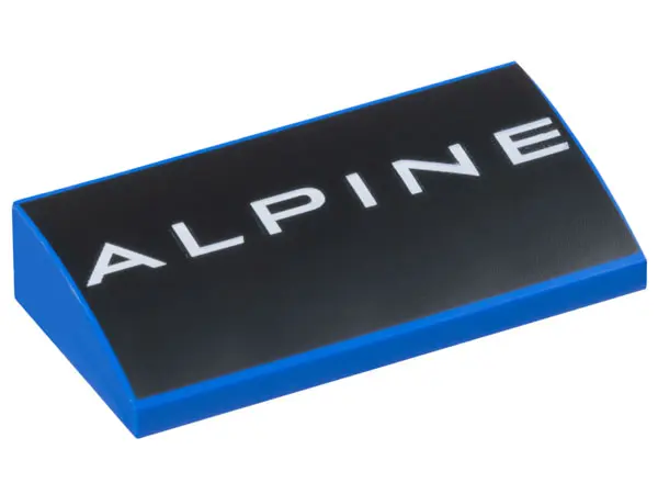 Blue Slope, Curved 2 x 4 x 2/3 with Bottom Tubes with White 'ALPINE' on Black Background Pattern