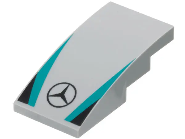 Light Bluish Gray Slope, Curved 4 x 2 with Mercedes Logo, Dark Turquoise Stripes, Black Triangles Pa