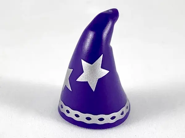 Dark Purple Minifigure, Headgear Hat, Cone Drooping, Wizard with Large Silver Stars and Rim Pattern